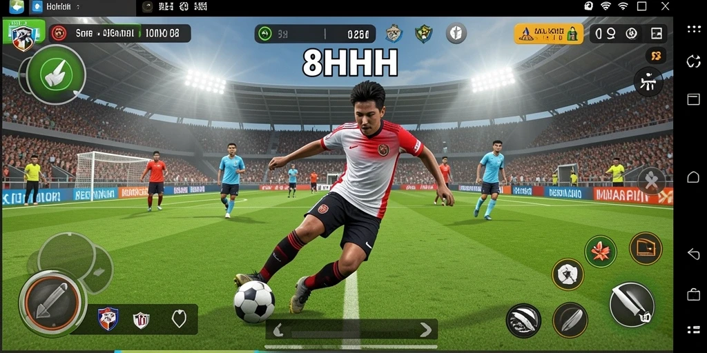 Tangkapan layar utama 8HHH menampilkan aksi sepak bola seru.