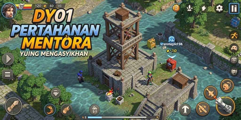 Tampilan gameplay DY01 dengan menara pertahanan yang epik.