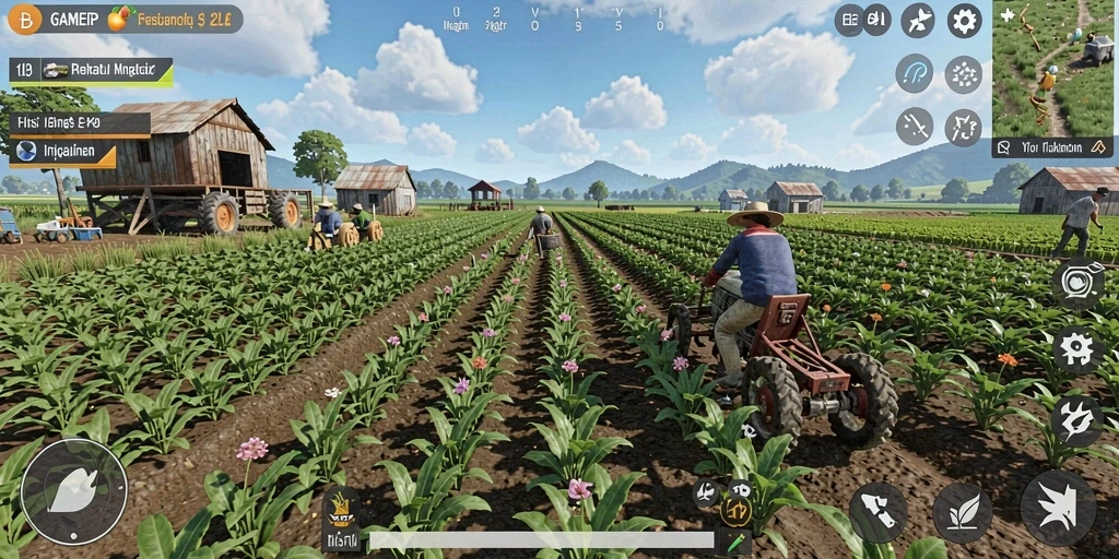 Screenshot gameplay GAMERP menunjukkan ladang yang rimbun dan hewan ternak yang sehat.
