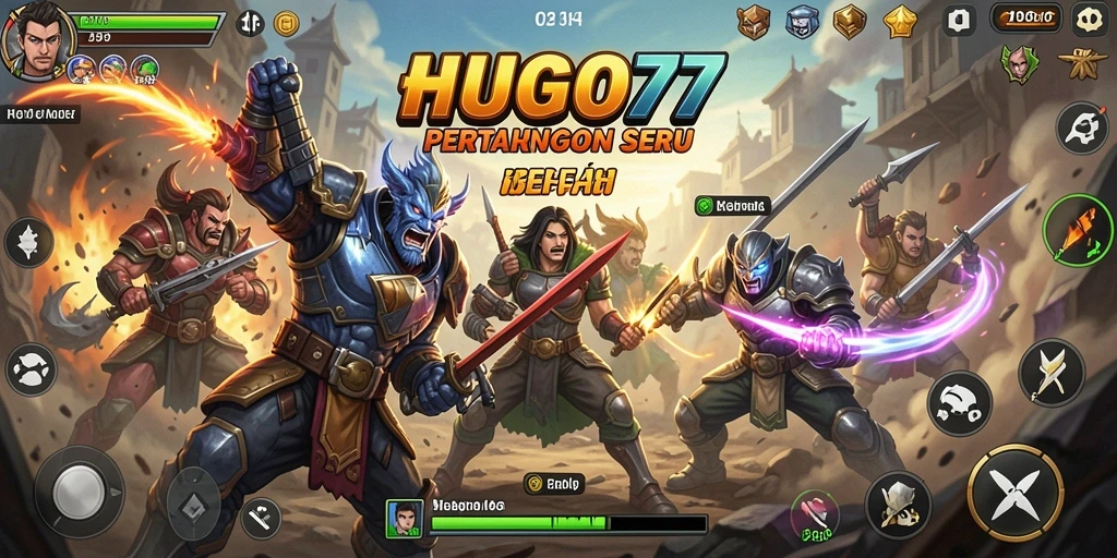 Menampilkan gameplay seru HUGO77 dengan karakter bertarung beragam.