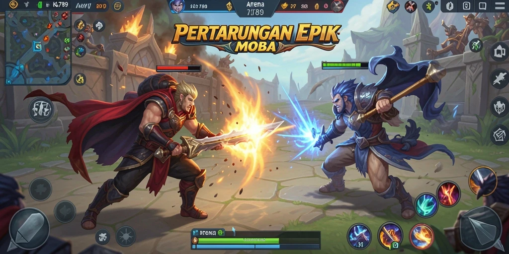 Tangkapan layar menampilkan aksi intens dalam gameplay MOBA