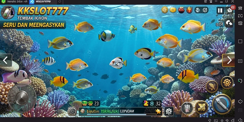 Tampilan gameplay seru KKSLOT777 dengan berbagai ikan berwarna-warni.