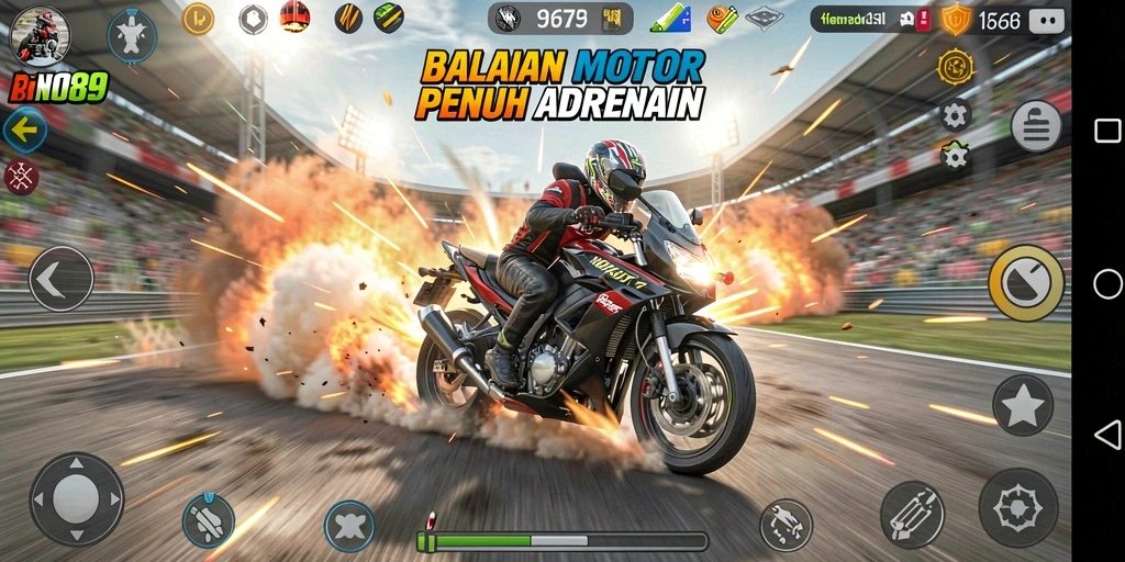 Tangkapan layar dari gameplay KNO89 yang mendebarkan di jalur balapan.