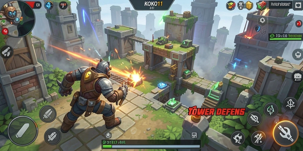 Tampilan gameplay KOKO11 yang seru dengan menara dan gelombang musuh.