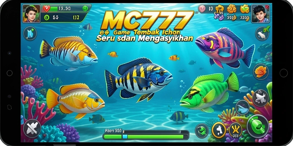 Screenshot gameplay MC777 yang menampilkan keindahan bawah laut dan tantangan Tembak Ikan.