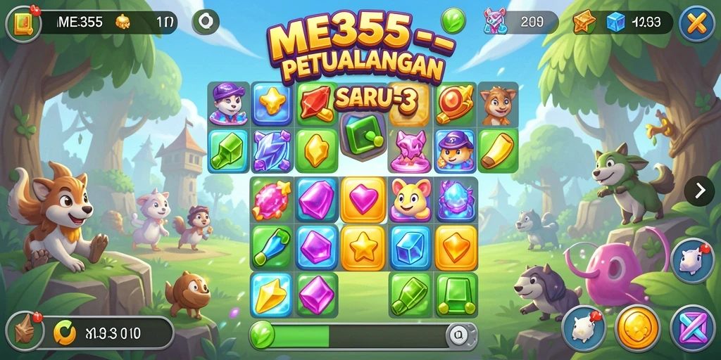 Tangkapan layar dari gameplay ME355 yang menunjukkan kombinasi match-3 yang menarik.