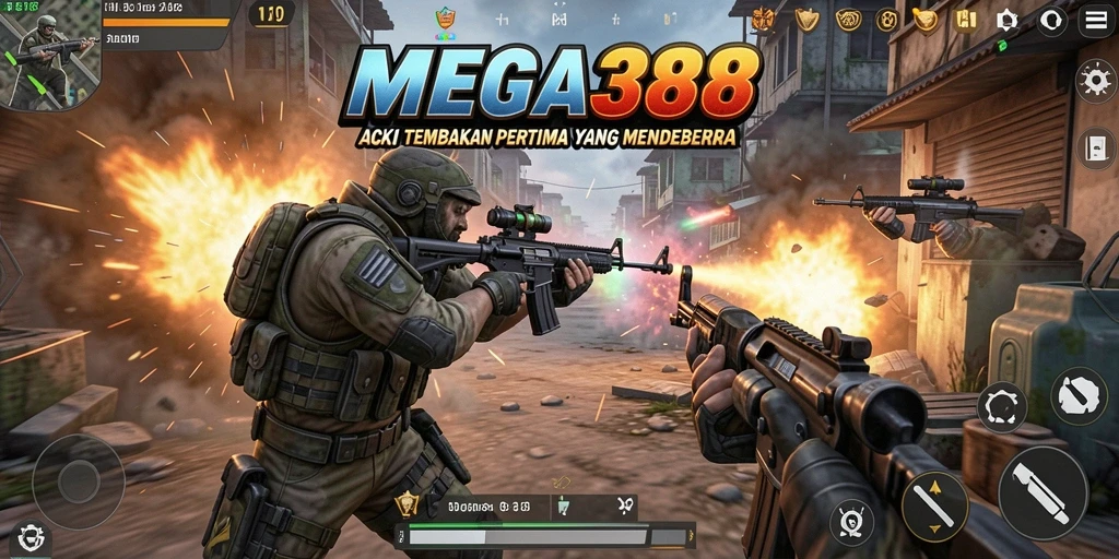 Tangkapan layar utama MEGA388 memperlihatkan aksi tembak-menembak yang intens.