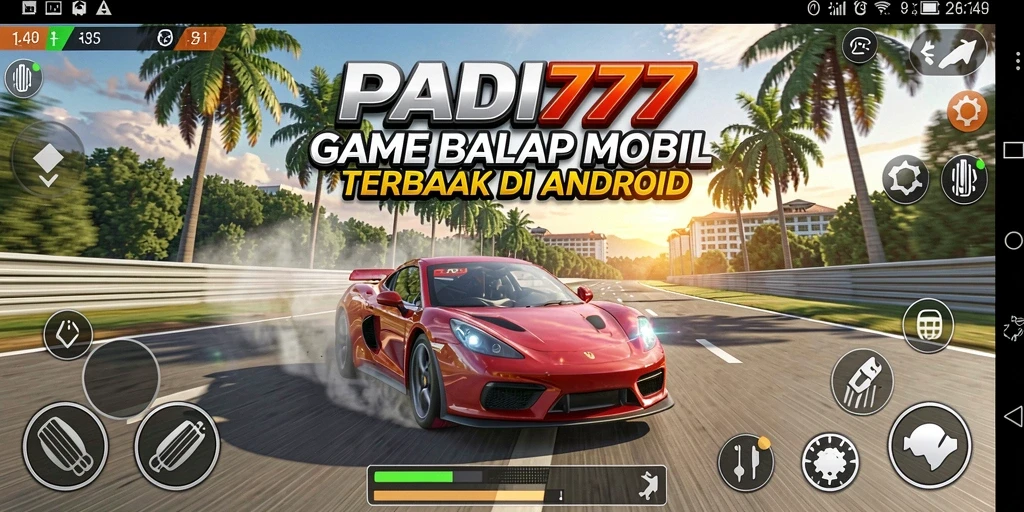 Tampilan gameplay PADI777 dengan mobil balap yang melaju cepat.