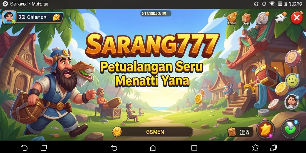 Screenshot utama SARANG777 menampilkan gameplay petualangan yang menegangkan dan penuh warna.
