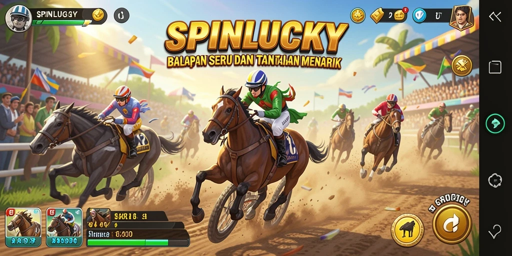 Tampilan seru gameplay balapan di SPINLUCKY dengan banyak mobil dan trek.
