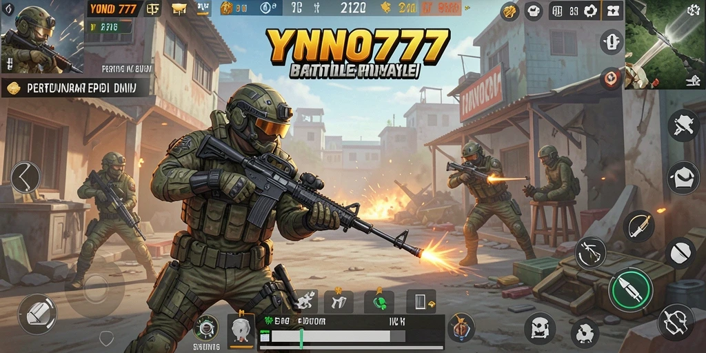 Tangkapan layar utama YONO777 menampilkan aksi pertempuran intens di arena Battle Royale.